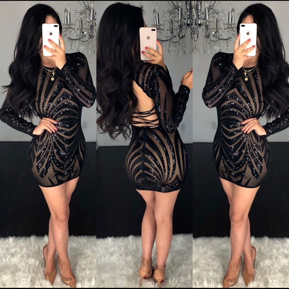 GEO SEQUIN MESH LAYER DRESS